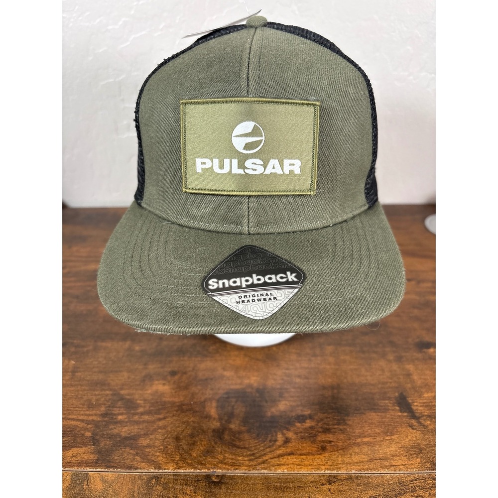 Beechfield Pulsar Logo Trucker Hat Olive Green Black Mesh Snapback Flat Brim New